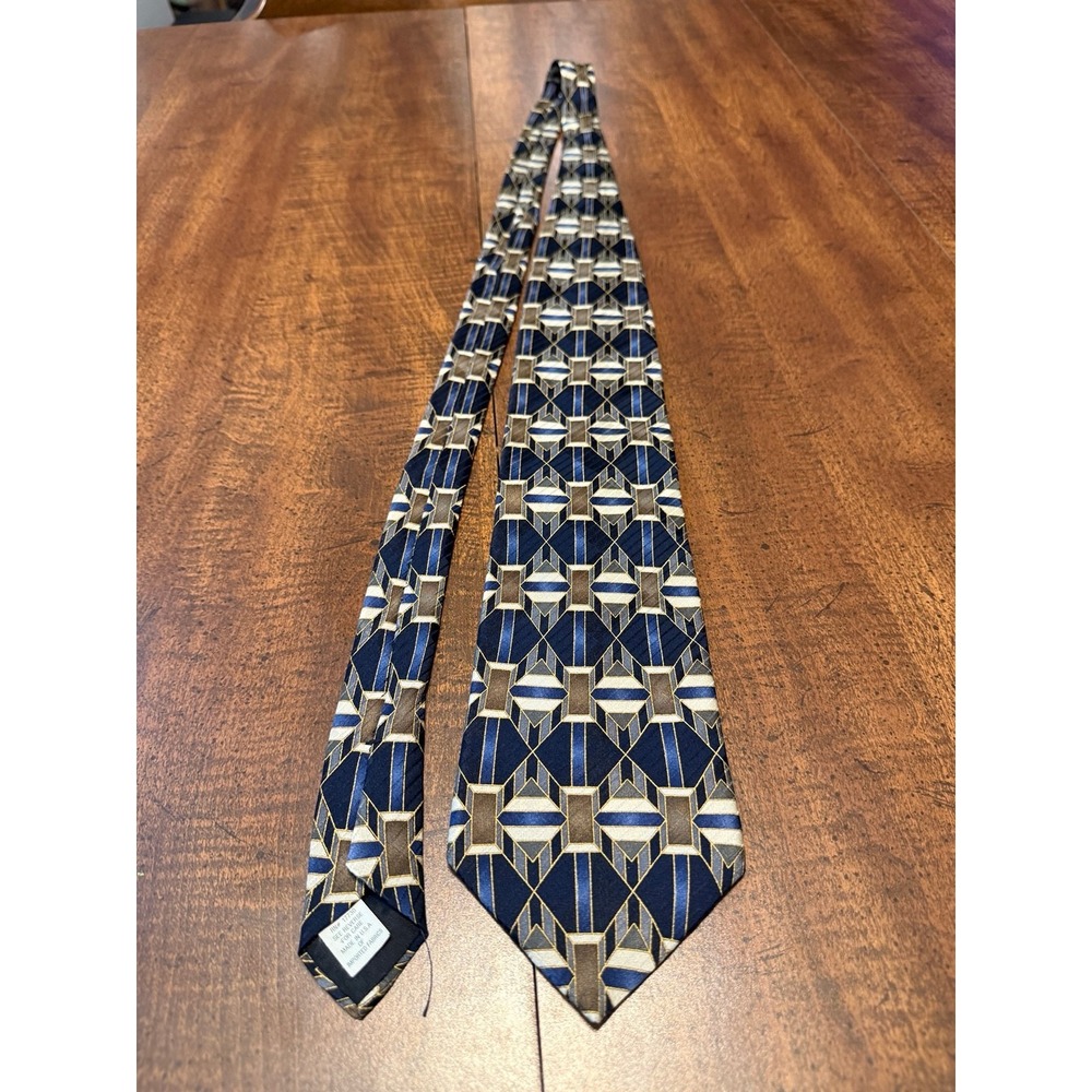 Honors Men's 100% Silk Tie Navy Blue Gold Gray Geometric Made in USA Vintage